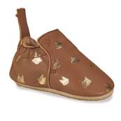 Chaussons en cuir avec patin My Blublu - Camel avec motifs chat doré 22-23