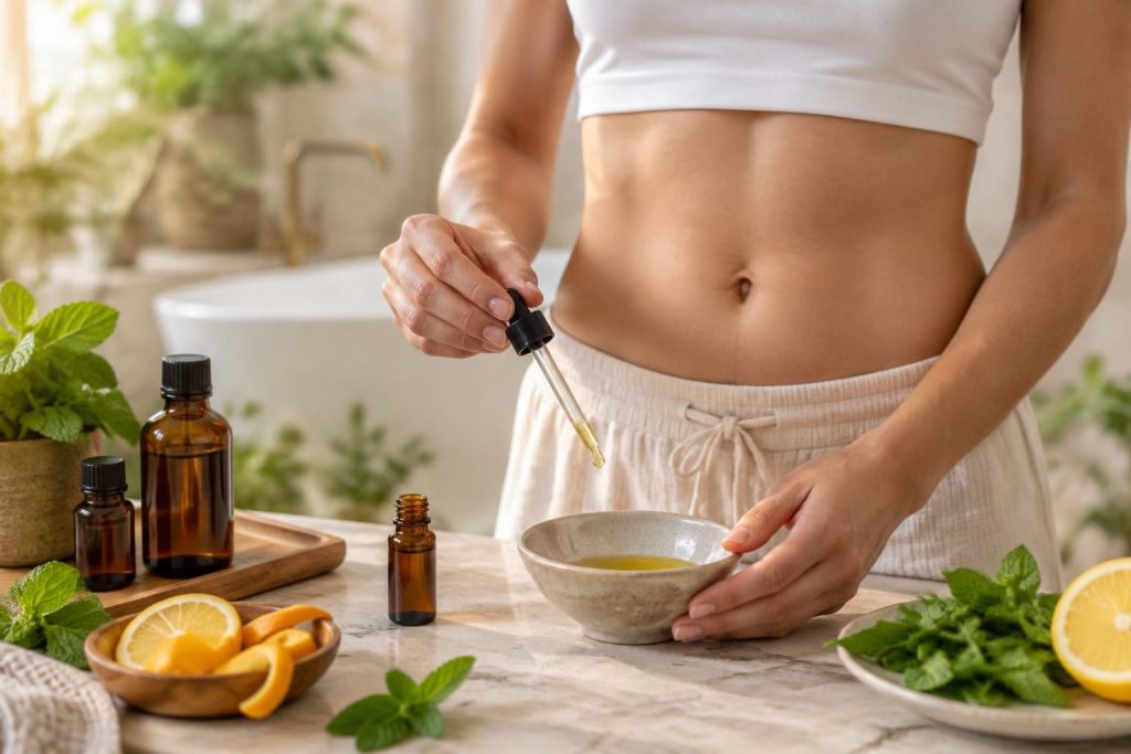 découvrez des recettes et conseils d’utilisation des huiles essentielles pour accompagner votre routine ventre plat, avec les précautions essentielles.